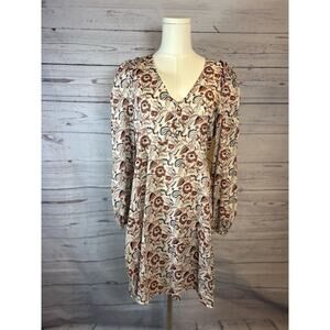 NWT Banana Republic Boho Floral Dress M 100% Cotton Brown Peach Blue Long Sleeve